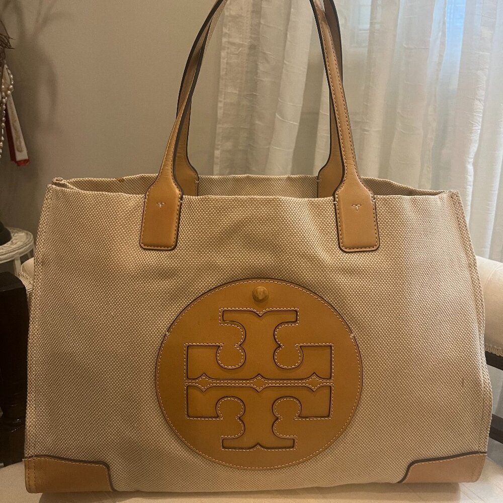 👜 Tory Burch Canvas & Leather Large Ella Tote – Natural/Tan